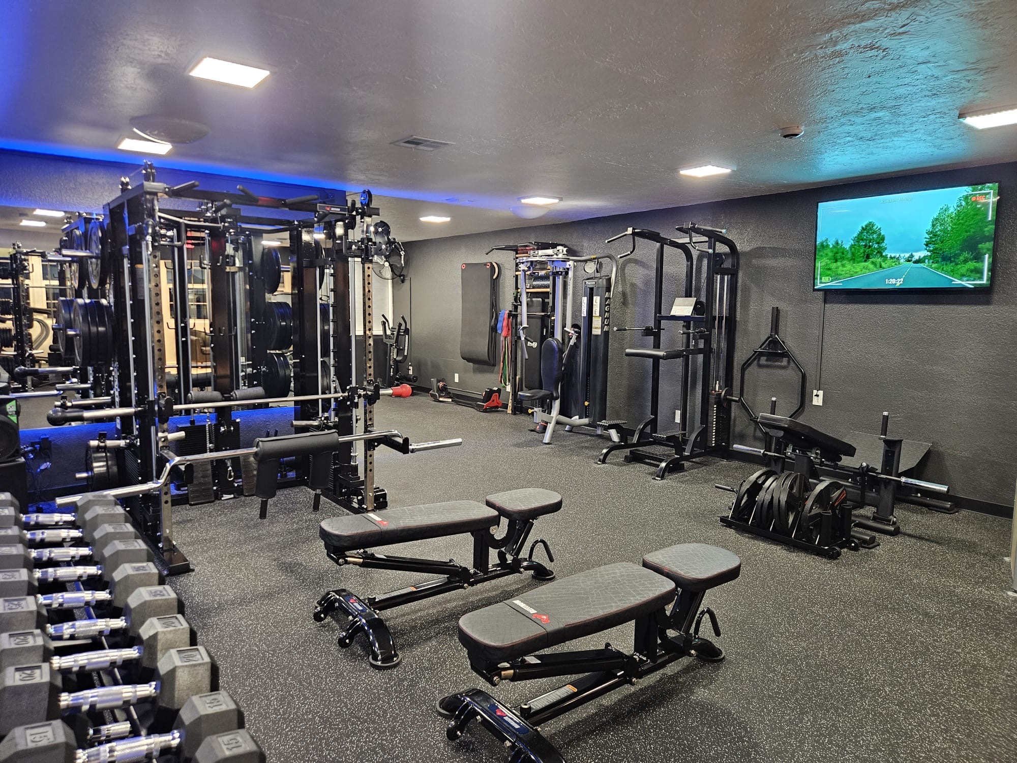 Interior view of On Point Fitness private training studio in Sarasota, with dumbbells, racks and LED lighting.